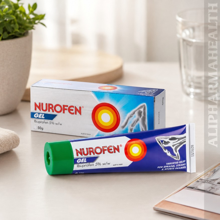 Nurofen Gel 50g with Ibuprofen for temporary relief of muscle pain, joint pain, back pain, sprains, strains, and sports injuries